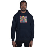 Unisex black pullover hoodie with hood, front graphic square, kangaroo pocket