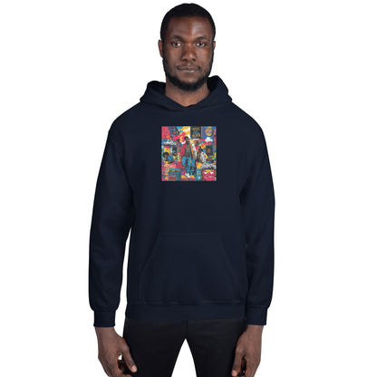 Dark navy unisex hoodie front view with hood and colorful square chest graphic