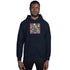 Dark navy unisex hoodie front view with hood and colorful square chest graphic