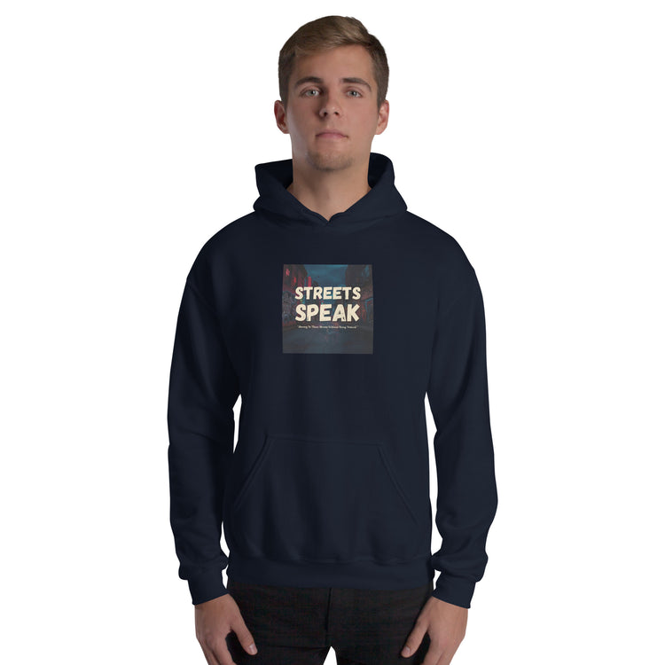Navy unisex pullover hoodie with hood, kangaroo pocket, and chest graphic print