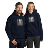 Unisex hoodie in navy blue with front logo graphic, pullover hood, and kangaroo pocket