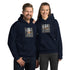 Unisex hoodie in navy blue with front logo graphic, pullover hood, and kangaroo pocket