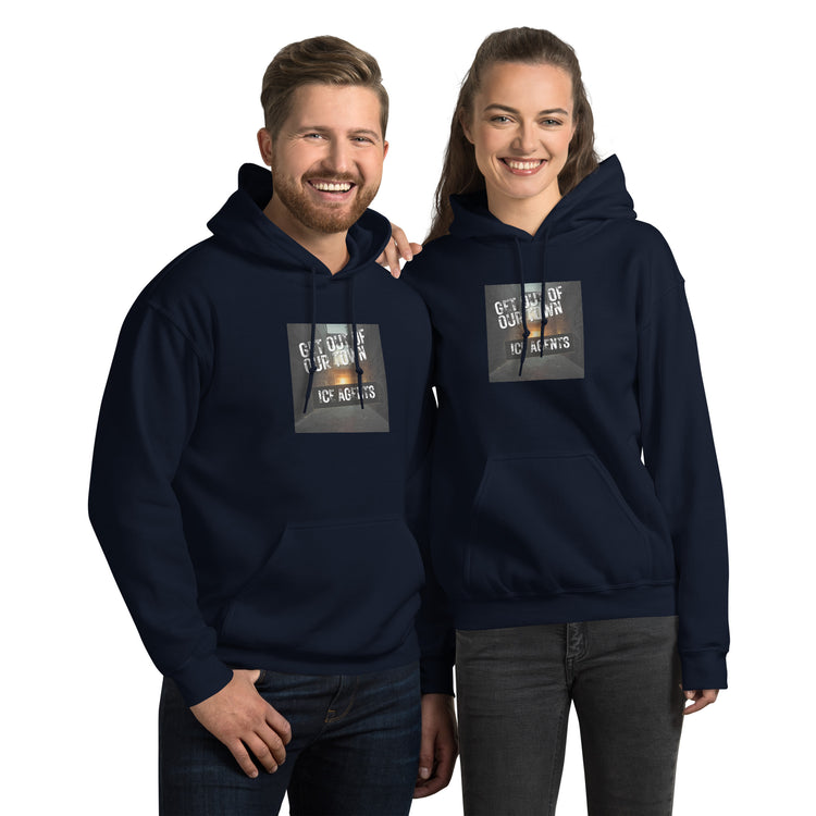 Unisex hoodie in navy blue with front logo graphic, pullover hood, and kangaroo pocket