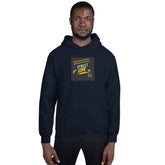 Unisex dark hoodie with front logo patch and hood, straight-on front view