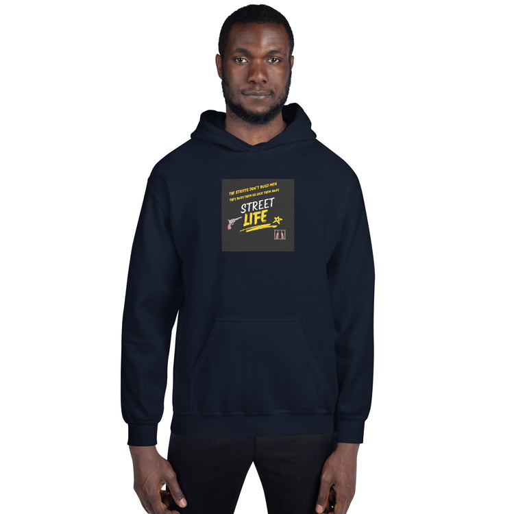 Unisex dark hoodie with front logo patch and hood, straight-on front view