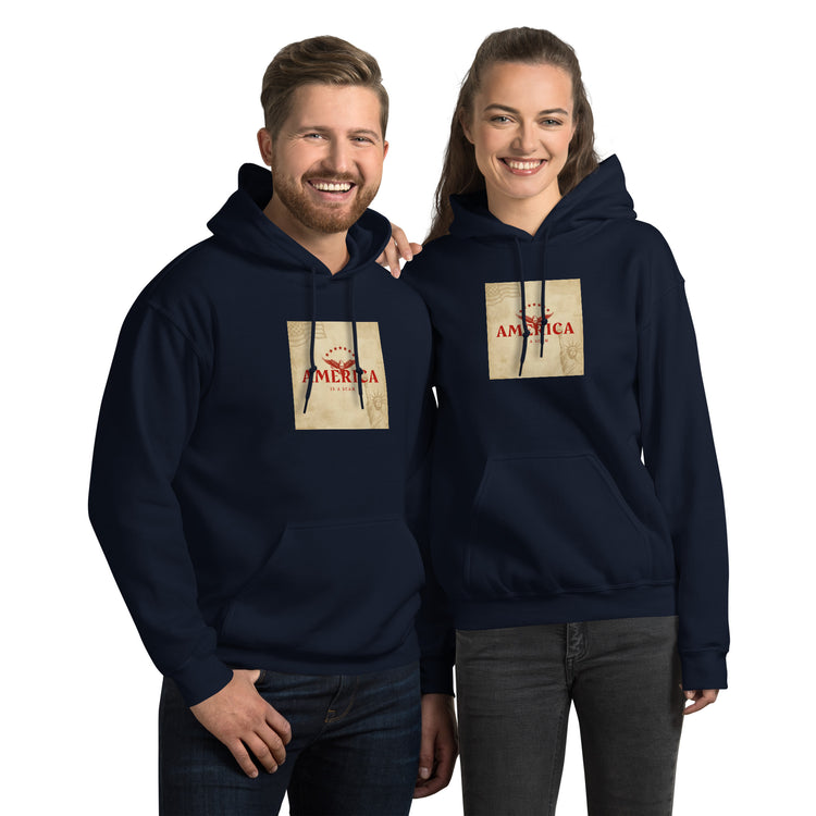 Navy unisex hoodie with front pocket and hood, graphic chest print