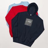 Navy hoodie with front LYRIC graphic, hood up