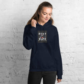 Navy unisex pullover hoodie with hood and front pocket, featuring a square chest graphic