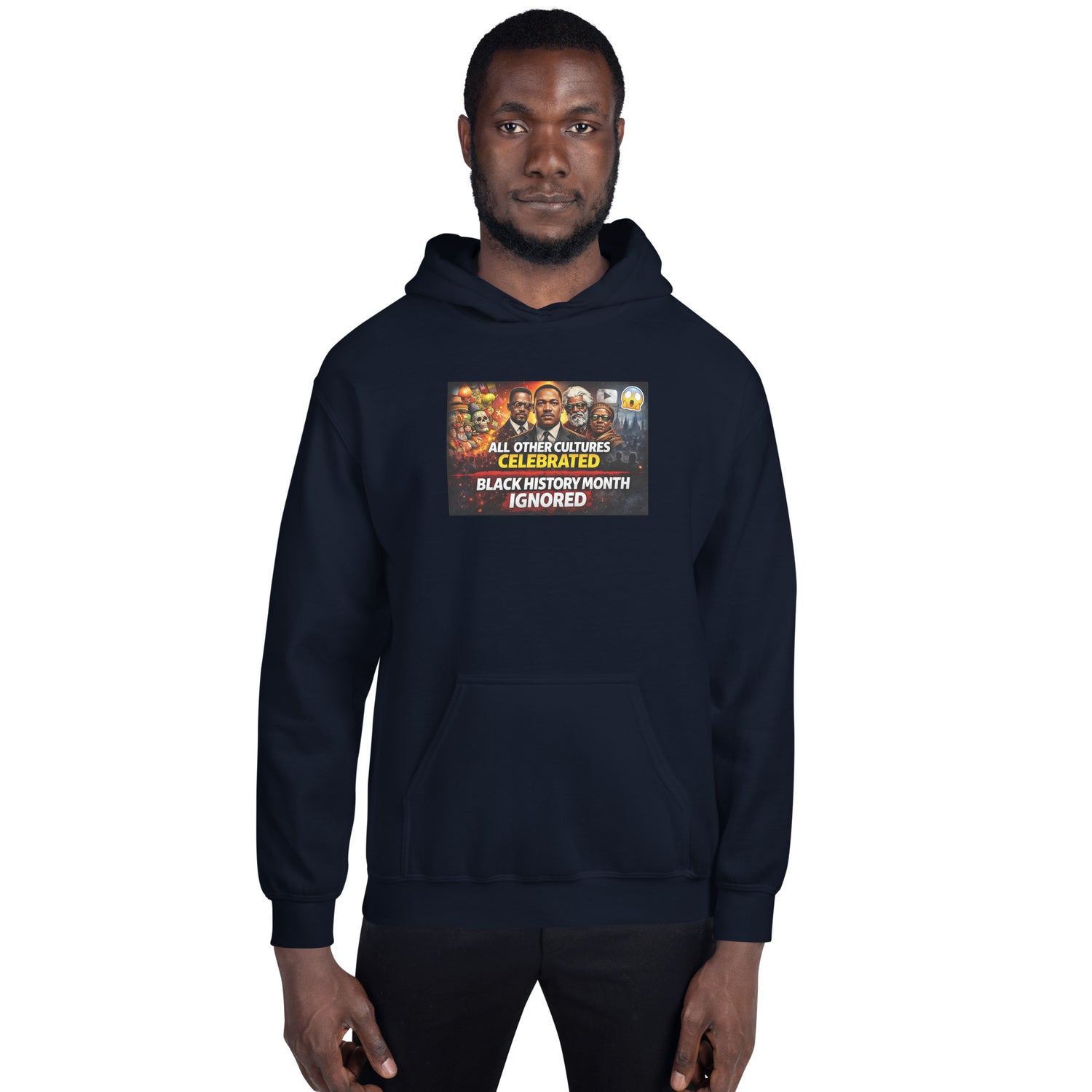 Navy unisex hoodie front print reading “Black History Month Ignored”