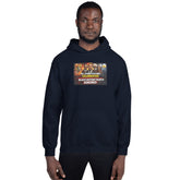 Unisex navy hoodie with front chest graphic and hooded neckline