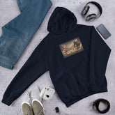 Unisex navy hoodie with chest graphic and front kangaroo pocket