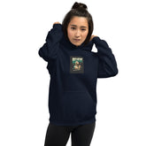 Navy unisex hoodie with front graphic, hood and kangaroo pocket.