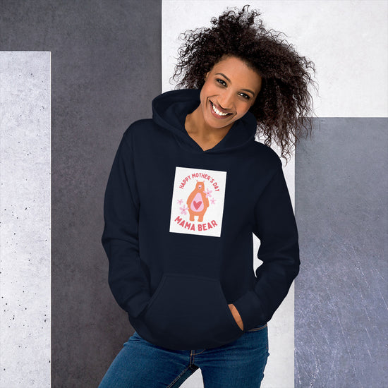 Dark navy unisex hoodie with kangaroo pocket and Mama Bear graphic on chest