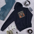 Unisex hoodie in Navy with front hood and centered chest graphic print