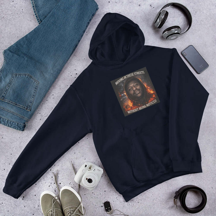 Unisex hoodie in Navy with front hood and centered chest graphic print