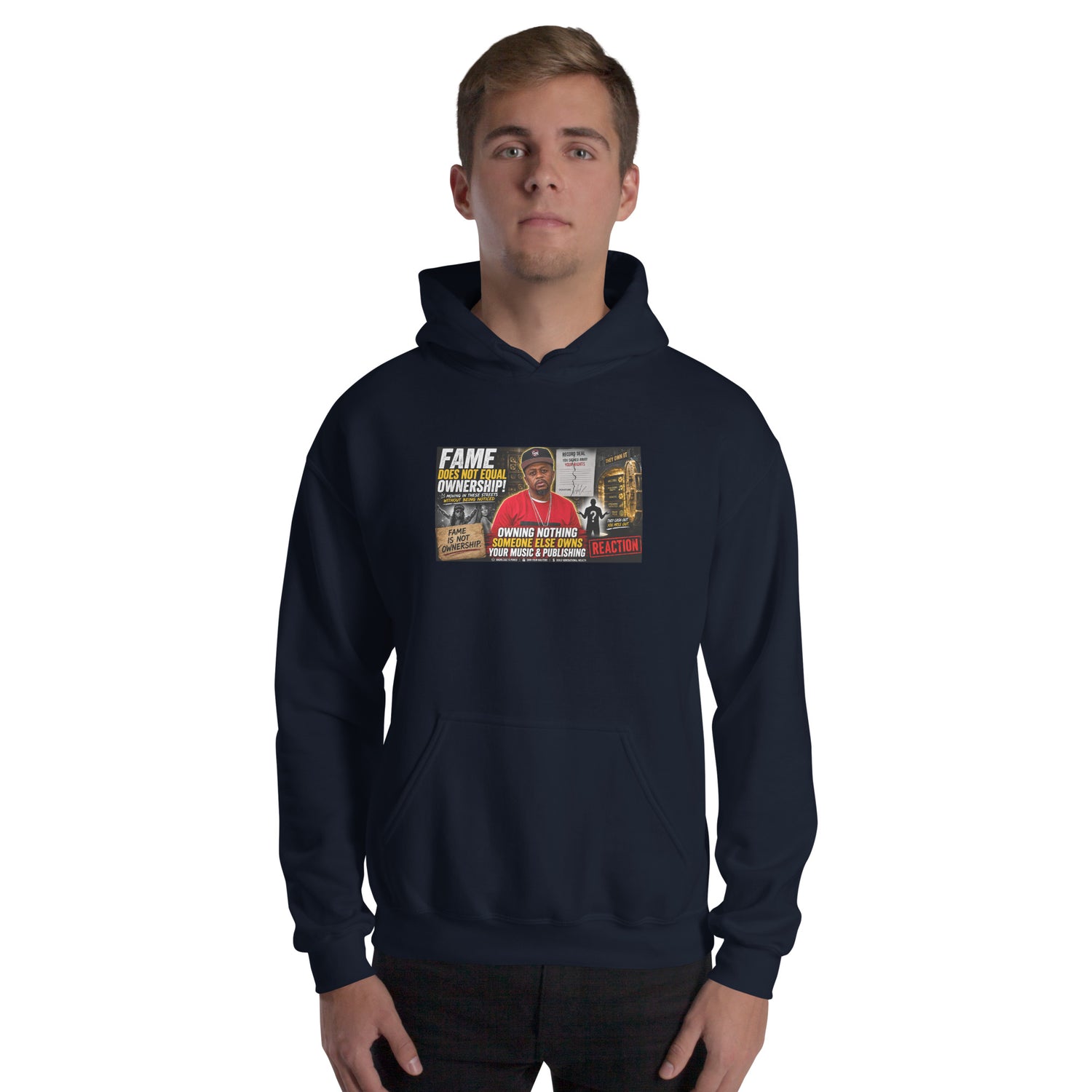Navy unisex pullover hoodie with front graphic, hood, and kangaroo pocket