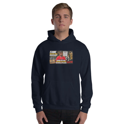 Navy unisex pullover hoodie with front graphic, hood, and kangaroo pocket