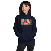Navy pullover hoodie with attached hood, kangaroo pocket, and colorful front graphic print.