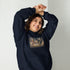 Navy pullover hoodie with hood, front pocket, and colorful street graphic on chest