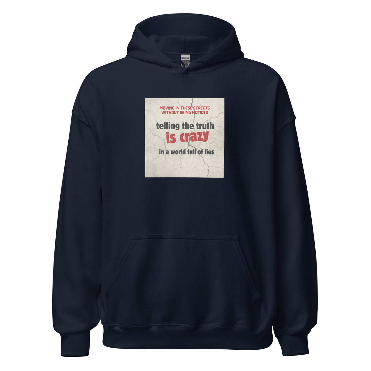 Navy pullover hoodie with front graphic print and kangaroo pocket, drawstring hood