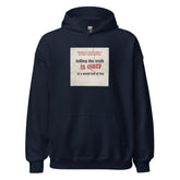 Navy pullover hoodie with front graphic print and kangaroo pocket, drawstring hood