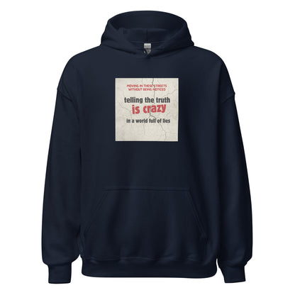 Navy pullover hoodie with front graphic print and kangaroo pocket, drawstring hood