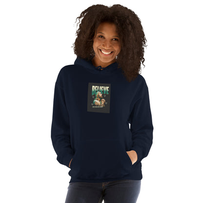 Navy pullover hoodie with front faith graphic, kangaroo pocket, and drawstring hood