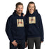 Unisex navy streetwear hoodie with front “AMERICA” graphic print, kangaroo pocket.