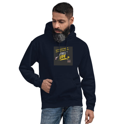Navy unisex pullover hoodie with front kangaroo pocket and square chest graphic print