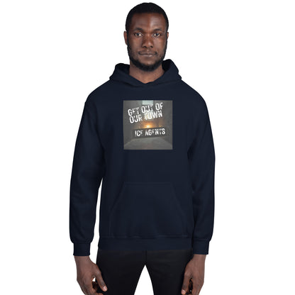 Navy pullover hoodie with front “ICE AGENTS” graphic and adjustable hood