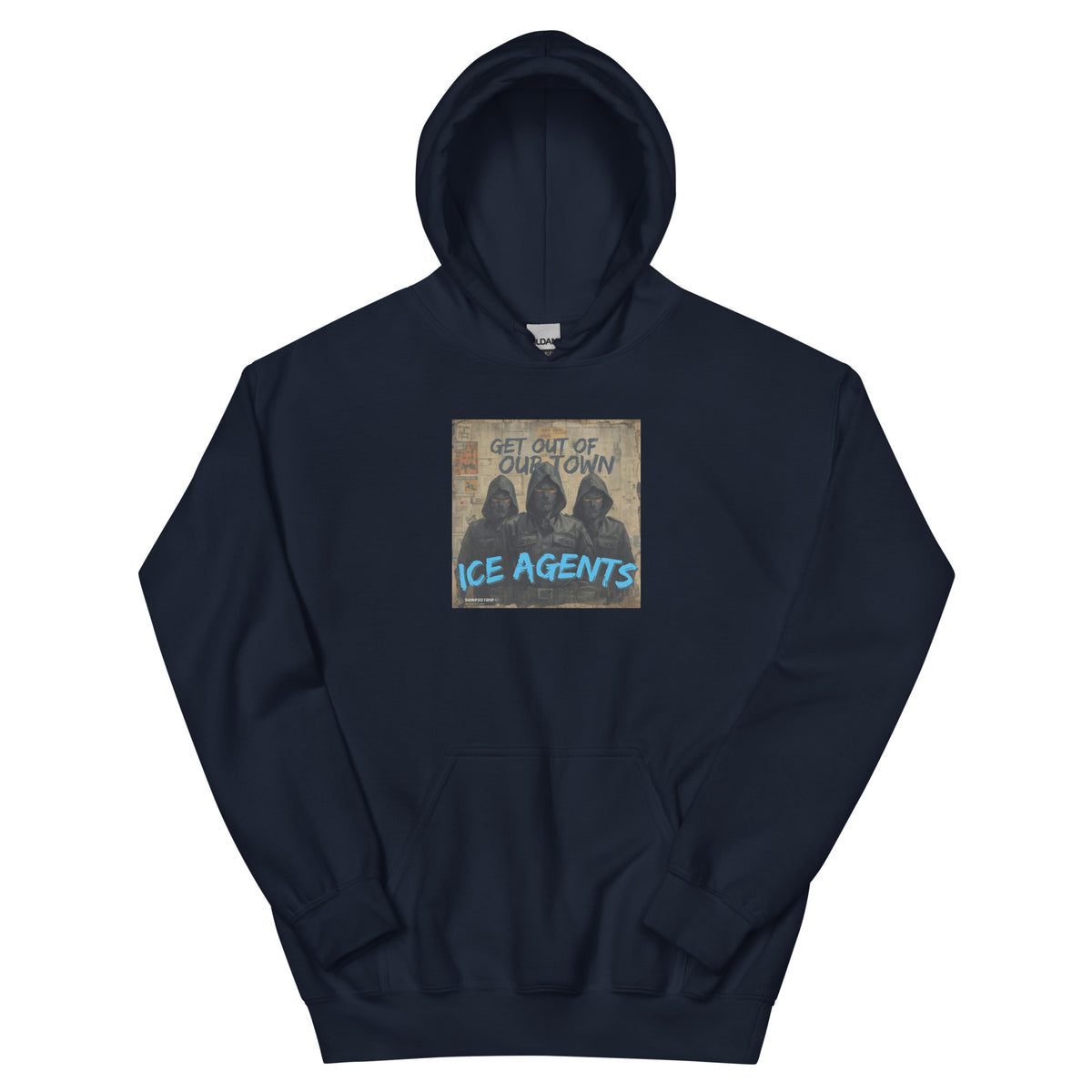 Dark navy pullover hoodie with front graphic print and adjustable hood