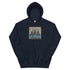 Dark navy pullover hoodie with front graphic print and adjustable hood