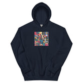 Dark navy pullover hoodie with front square graphic print and kangaroo pocket