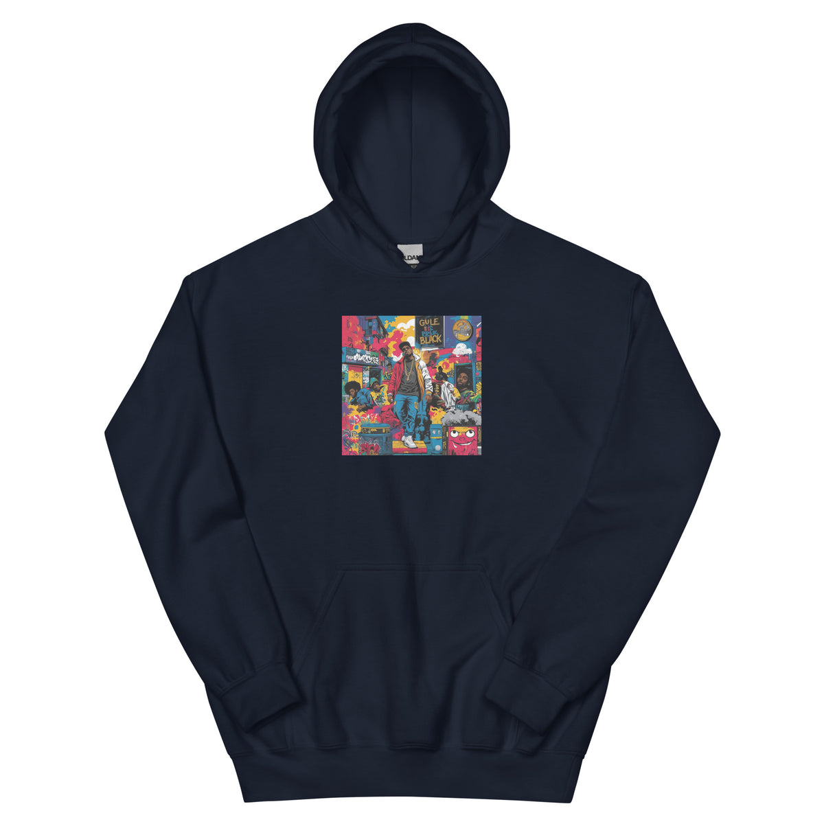 Dark navy pullover hoodie with front square graphic print and kangaroo pocket
