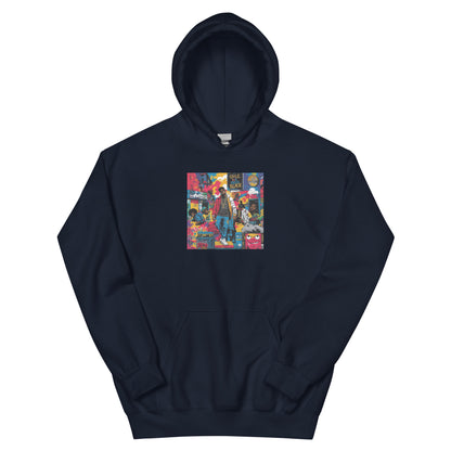 Dark navy pullover hoodie with front square graphic print and kangaroo pocket