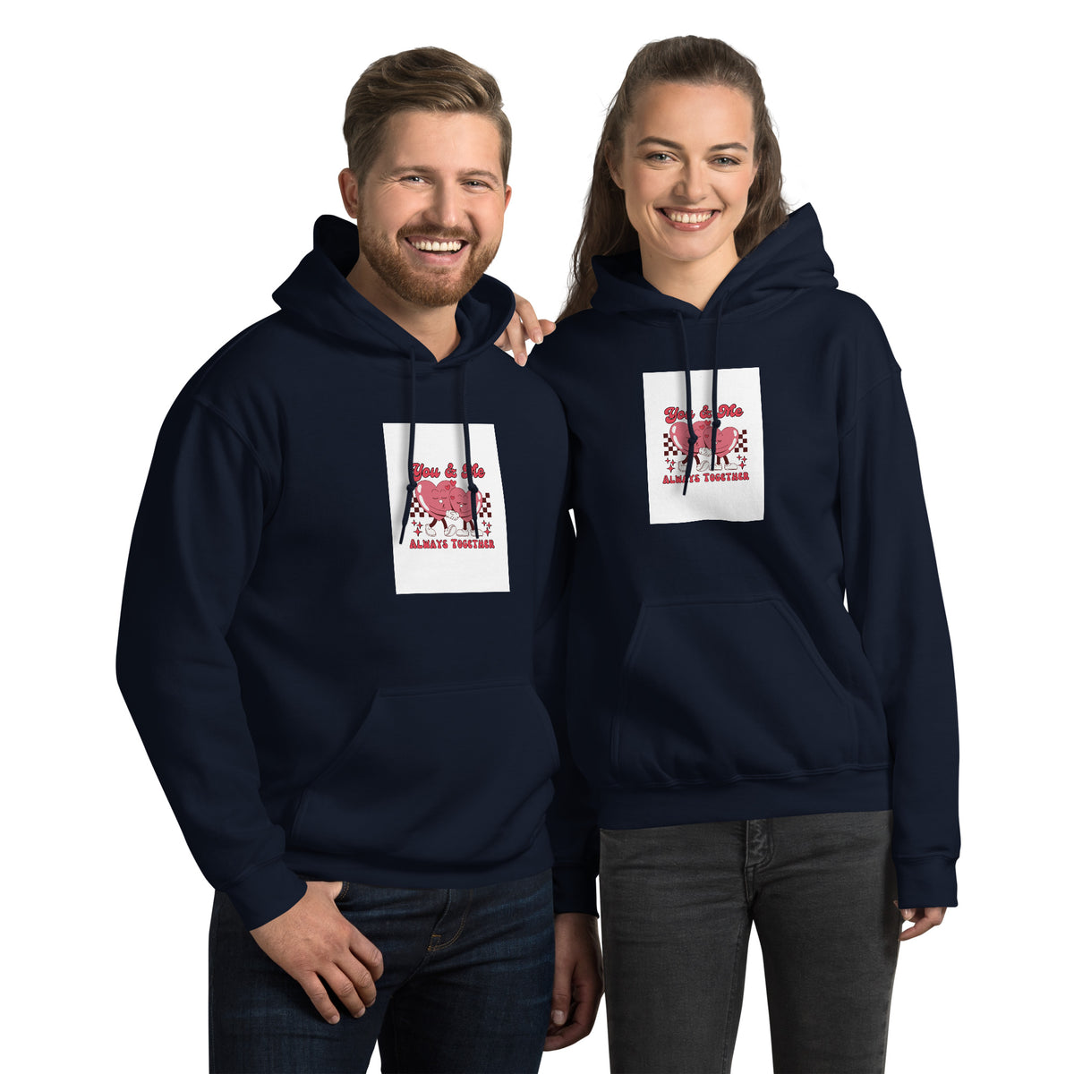 Navy pullover hoodie with hood and front pocket, square chest graphic print.