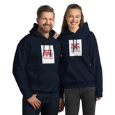 Navy pullover hoodie with hood and front pocket, square chest graphic print.
