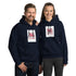 Navy pullover hoodie with hood and front pocket, square chest graphic print.