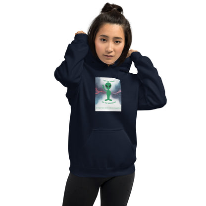 Navy pullover hoodie with hood, front pocket, and a colorful chest graphic print.