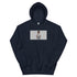 Navy unisex hoodie with front pocket and chest graphic