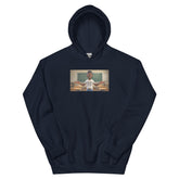 Unisex pullover hoodie in dark navy with chest graphic and front kangaroo pocket