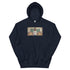 Unisex pullover hoodie in dark navy with chest graphic and front kangaroo pocket