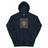 Dark navy unisex hoodie with square chest graphic print and front kangaroo pocket