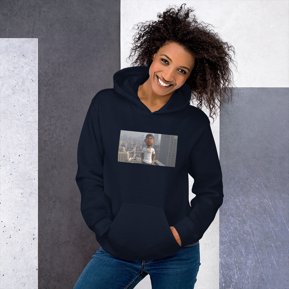 Navy pullover hoodie with hood and kangaroo pocket, small front photo graphic