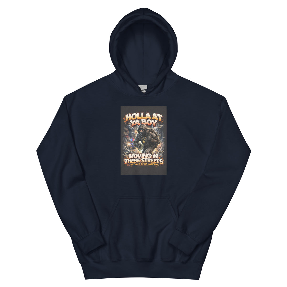 Navy pullover hoodie with front graphic print and kangaroo pocket