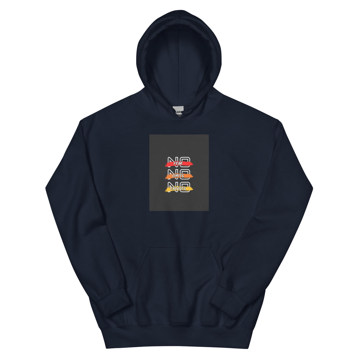 Dark navy streetwear hoodie with front chest graphic, pullover hood and kangaroo pocket