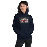 Navy unisex hoodie with front hood and centered Streets graphic print