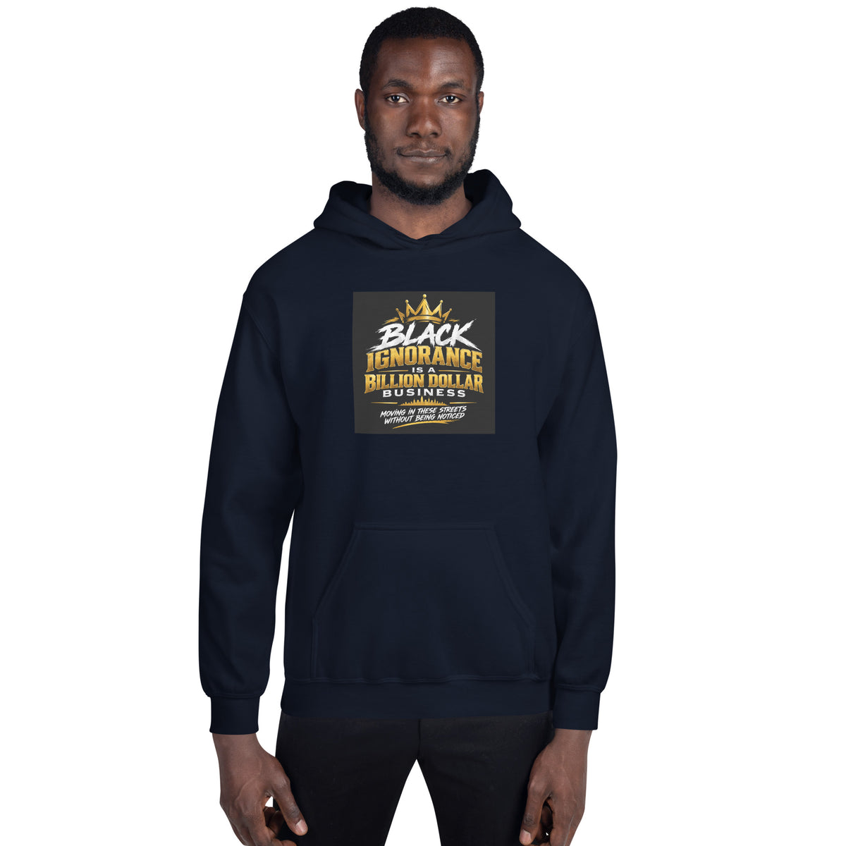 Navy unisex pullover hoodie with front graphic print and kangaroo pocket