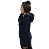 Navy unisex hoodie with hood and pouch pocket, back side view.