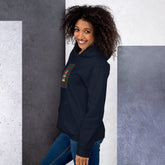 Navy unisex hoodie with chest graphic and drawstring hood, side view